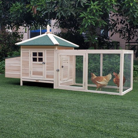 Pollaio PawHut per galline nane 196 x 76 x 97 cm Casetta per galline con nido, recinto, posatoio, piccola casetta per animali in legno naturale