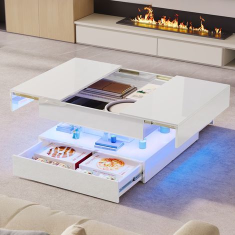 Table Basse LED - Moderne Table basse avec 2 Tiroirs - casier dissimulé avec couverture pliante pour le salon - 78x78x43 cm - Blanc (1/5)