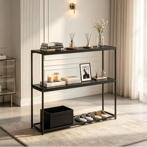 Consolle da ingresso 100x30x87 cm in acciaio e truciolare, nera, 2 livelli – MEUBLIV (1/5)
