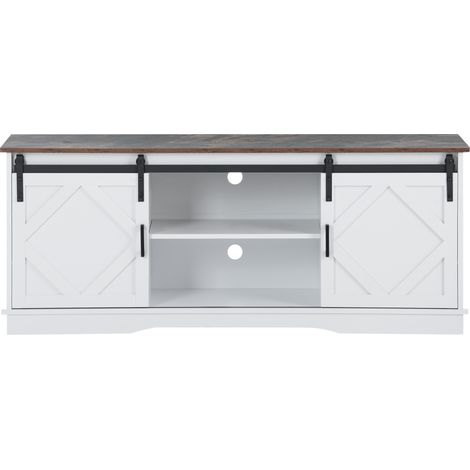 TV-Lowboard Weiß/Braun 150 x 40 x 60 cm mit Schiebetüren und verstellbaren Böden (1/5)