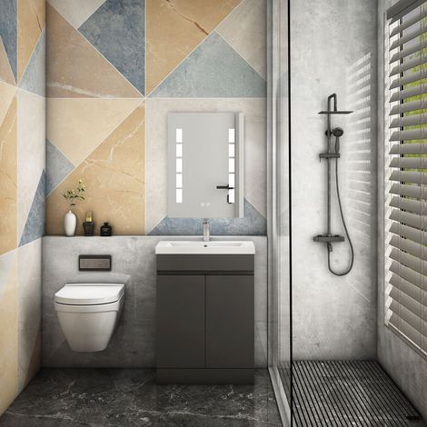 600MM Anthracite High gloss MDF Vanity unit, Soft closing, Disassembly, Double door, Freestanding + 101C White Large size Artificial stone basin