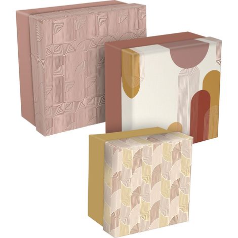 Clairefontaine 116080C - confezione da 3 scatole impilabili quadrate multifunzione di cartone motivi geometrici e dai colori calorosi 25x25x12cm, 20x20x11cm e 16x16x10cm - Terracotta