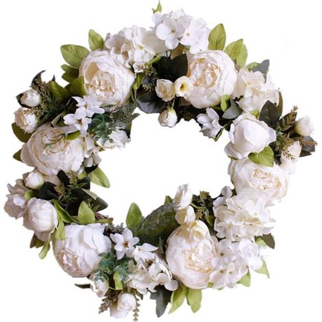 La couronne de porte illumine la décoration de la porte d'entrée pour mariage, anniversaire, salon, 1 pièce (40 cm, pivoine blanc laiteux) - (1/4)