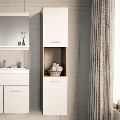 Hochschrank Krildihana 131x30x30 cm Eicheoptik/Weiß [en.casa]