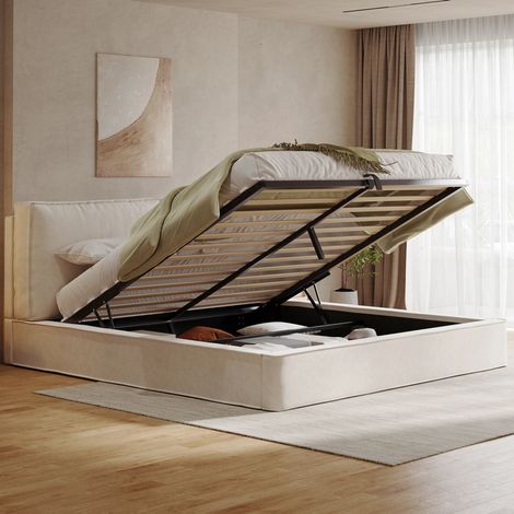 REDOM - Lit double 180x200 cm avec rangement hydraulique en chenille beige (Sans matelas) (1/5)