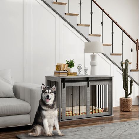 Hundekäfig 98 x 58 x 61 cm aus grauem Holz, Schiebetür, platzsparend fürs Wohnzimmer – MEUBLIV (1/5)