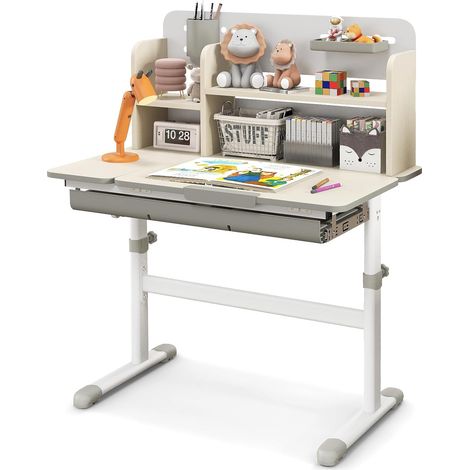GOPLUS Bureau Enfant, Table d'Étude Réglable en Hauteur avec Rangement, Plateau Inclinable à 7 Niveaux, Tiroir, Support à Livre, Bureau Fille Garcon 3-12 Ans pour Maison École (Gris) (1/5)
