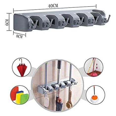 Porte-balai avec 6 crochets et 5 clips rapides Barre de rangement murale pour cuisine salle de bain multifonctionnel Gris MNS (1/2)
