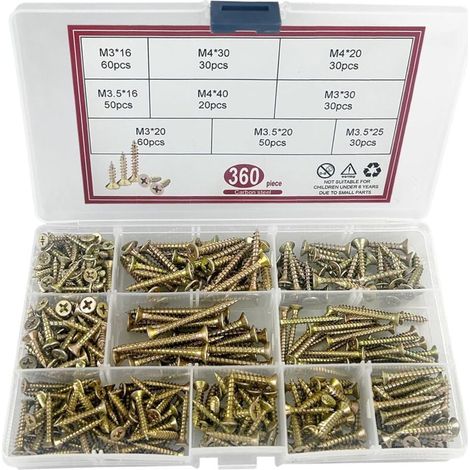 360 Pièces Vis à Bois Autotaraudeuses, Zingué Jaune Extra Fort, Vis Autoperceuses à Empreinte Cruciforme Pozidriv, Vis à Tête Plate Croisée, vis pour panneaux d'aggloméré,M3/M3.5/M4 (1/5)
