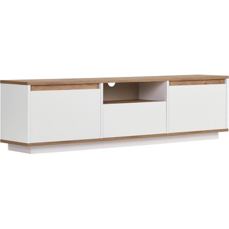 Habitat Et Jardin – Meuble TV en bois mélaminé blanc – Dimensions 160 x 30 x 42 cm – Épaisseur 18 mm – Rangement organisé avec étagères (1/4)
