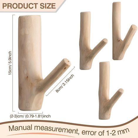 Vintage-Wandhaken aus echtem Naturholz und einem Ast, Set handgefertigter Wandhaken, rustikale dekorative Wandhaken aus Klebeholz (Breite 2-3 cm) (4) (1/4)