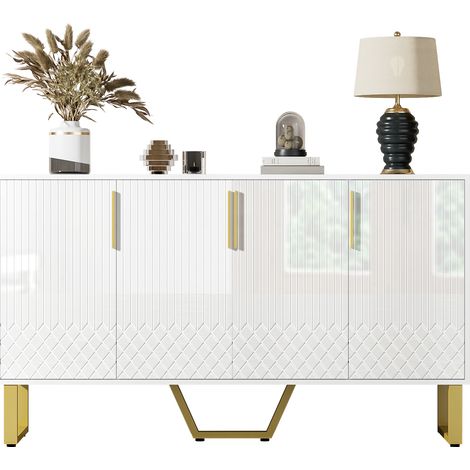 Buffet laqué brillant, 4 portes, poignées et pieds en métal, design géométrique blanc, 140 cm (L) x 40 cm (l) x 80 cm (H), haute qualité pour une utilisation durable.