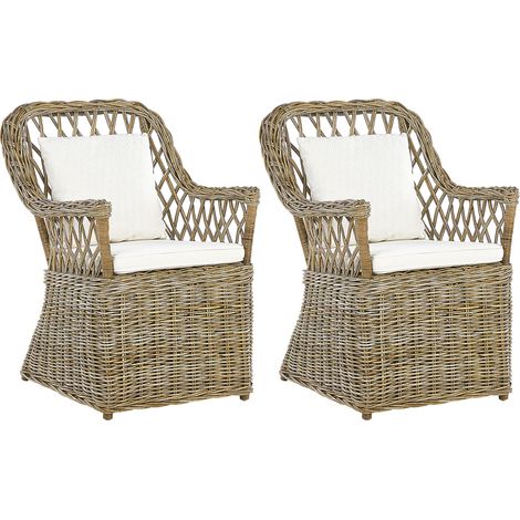 Conjunto de 2 sillas de jardín de ratán natural blanco crema algodón cojines de respaldo interior Maros