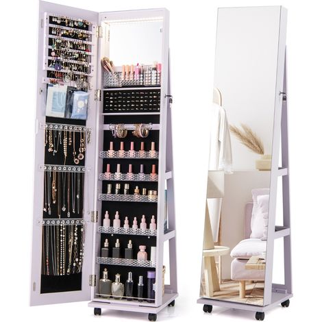 Armadio portagioie bloccabile con specchio trucco luci LED a 3 colori ripiani regolabili, Armadietto portagioie Viola (1/5)