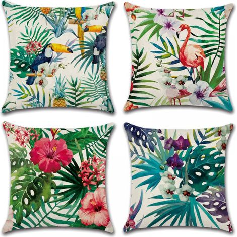 Housses de coussin 45 x 45 cm, lot de 4 housses de coussin en coton et lin pour canapé, lit, jardin, coussins de canapé (Fleur-7)