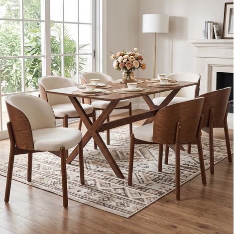 Lot de 6 chaises de salle à manger en tissu avec dossier enveloppant, assise 28D et structure en bois, pour salon ou café  CHICFURN (1/5)