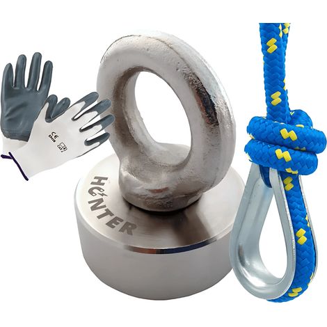Aimant avec support 80 kg pour la recherche + corde de 20 m + cosse + gants de chasse