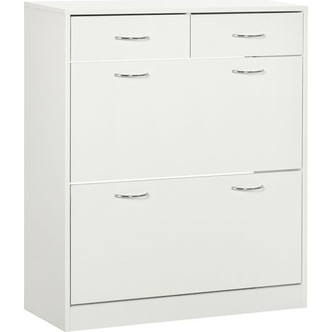 Schuhaufbewahrungseinheit mit 2 Schubladen, 2 Klapptüren und verstellbarem Einlegeboden, 80x30x91,5 cm, Aluminiumgriffe, Naturfinish.