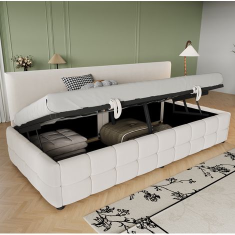 Lit coffre 90x200, velours beige, dossier HAVRYA (1/5)