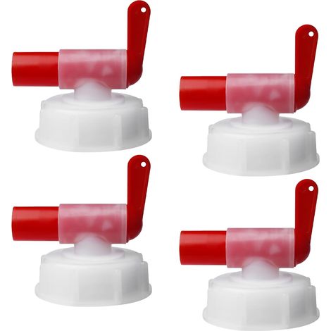 Set of 4 DIN61 dosing taps - For 15 to 60 litre drums - Food grade pouring tap - Pouring spout for filling - White and red (DIN 61 thread) (1/5)
