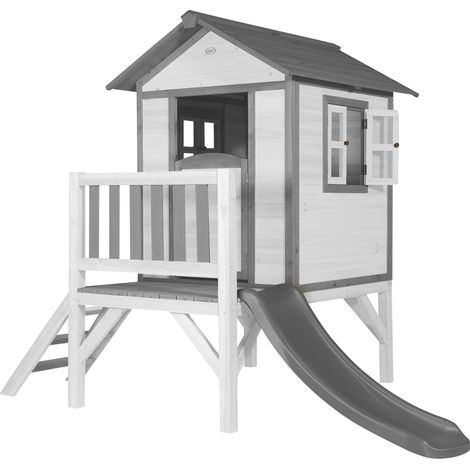 Cabane de jardin pour enfant en bois de Hemlock – Hauteur de plate-forme 58 cm – Toboggan 118 cm – Fenêtres ouvrables en plexiglass – AXI