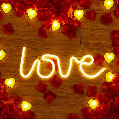 Enseigne lumineuse LED « Love » en PS et acrylique, avec trous de suspension, idéale pour une déclaration d'amour ou une demande en mariage. Lumière blanche chaude, fonctionne sur piles. (1/5)