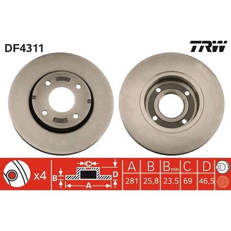 Lot de 2 Disques de frein TRW Automotive DF4311 MITSUBISHI 454 421 03 12