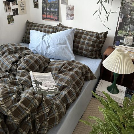 Parure de lit 3 pièces Vintage à Carreaux de Buffle Bleu, Marron et Vert pour lit Double, 100% Coton lavé, Design Minimaliste, Housse de Couette Douce et Respirante avec Fermeture éclair (1/5)