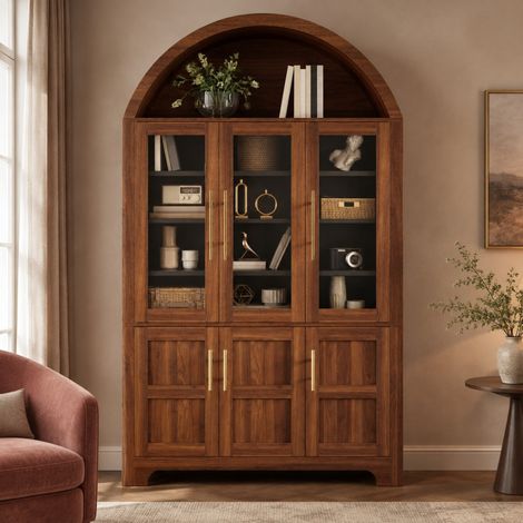 Vitrine haute 110x40x185 cm PB et MDF noyer, niche et rangement réglable, pour salon – MEUBLIV (1/5)
