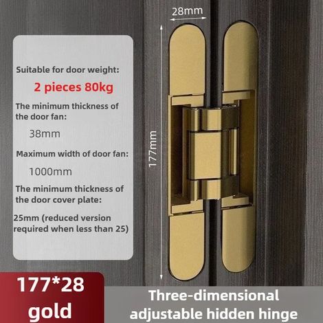 (80KG-Or) Lot de 2 ferrures de porte à charnières pour meubles, porte en bois dissimulée, porte pliante, capacité de charge réglable et dissimulée (1/5)