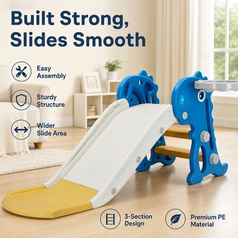 FLITI Foldable PE Dinosaur Indoor Slide with Basketball Hoop for Children 0-3 Years Old, Blue (1/5)