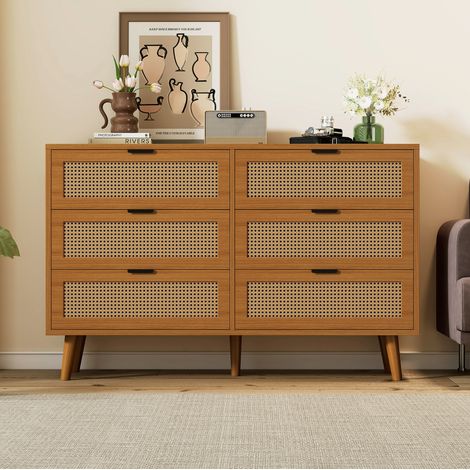commode meuble rangement 6 tiroirs retro 120 cm noyer OKMYHOME (1/5)