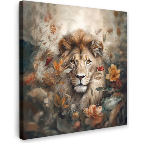 TABLEAU SUR TOILE Lion - Vie sauvage - Plantes - Nature - Fleurs Tableau Chambre Adulte 90x90 cm