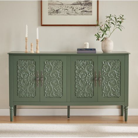 Aparador de estilo retro, 160x40x89 cm, con relieve esculpido, amplio espacio de almacenamiento, bordes redondeados, marino-verde (1/5)