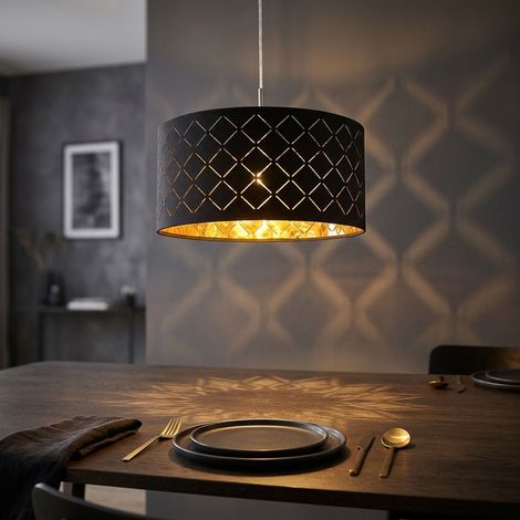 Lampada a sospensione lampada a sospensione tavolo da pranzo nero lampada da soggiorno moderna, paralume in tessuto rotondo, metallo oro, DxH 40x140 cm (1/5)