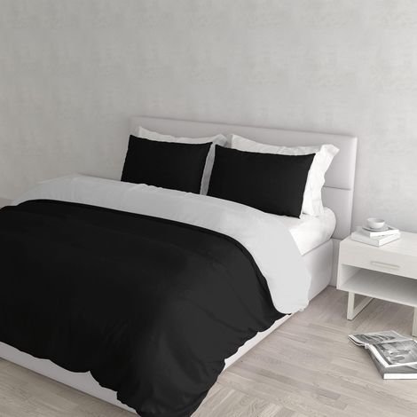 housse de couette double-face couleur unie avec taies d'oreiller, 100 % Coton, Noir/Gris Clair (1/5)