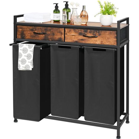 Trieur à linge à 3 sections, panier à linge avec étagère et 2 tiroirs, panier à linge de 180 L, chariot de rangement à linge, sacs à linge extensibles et amovibles en tissu Oxford, marron rustique (1/5)