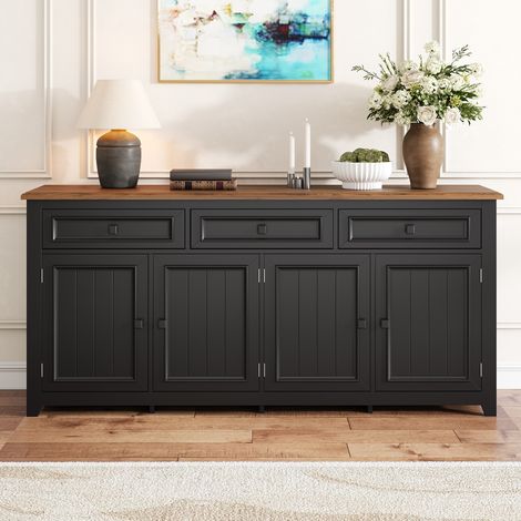 Buffet 160x35x76cm - moderne et simple - 4 portes et 3 tiroirs - meuble de rangement pour salon - MDF - Noir (1/5)