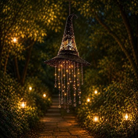 Decorazione di Halloween con cappello da strega luminoso, luce a LED, carillon e stelle, da appendere al portico, al patio e all'ingresso (1 pezzo) (1/5)
