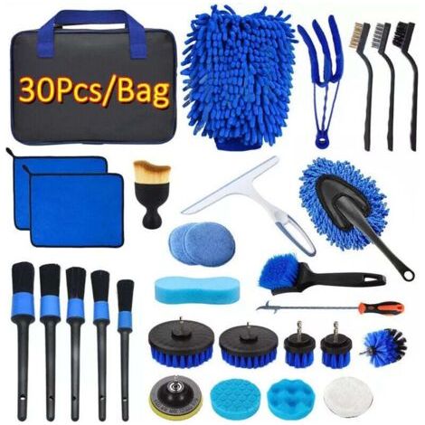 Pair Kit Nettoyage Voiture, 30 Pcs Kit de Brosse Nettoyage Voiture pour l'intérieur et l'extérieur, Kit de Lavage de Voiture Inclure Brosses, Éponges de Polissage, Sac de Transport Pratique Inclus