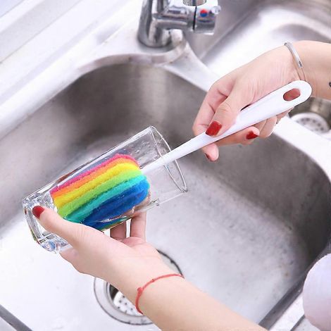 Brosse de nettoyage pour bouteilles, tasses et mugs, avec manche long et poignée ergonomique, idéale pour biberons, pots et verres. (1/4)