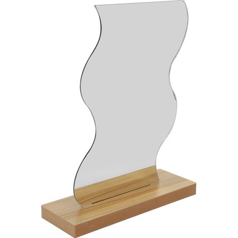 Miroir de maquillage de bureau en acrylique, design irrégulier et esthétique, portable et léger, avec base en bois. (1/5)