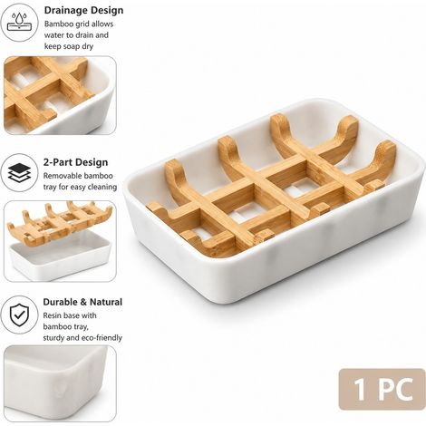 Assiette à savon en bambou avec drainage, support à savon en résine 2 pièces avec bac collecteur amovible pour douche, salle de bain, évier, cuisine et comptoir, couleur blanc gravier (1/5)