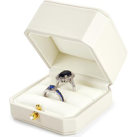 Blanc PU Cuir Boite Double Bague,Boîte Bague de Fiançailles, Ringbox,pour Proposition, Fiançailles, Mariages Ringbox (1/5)