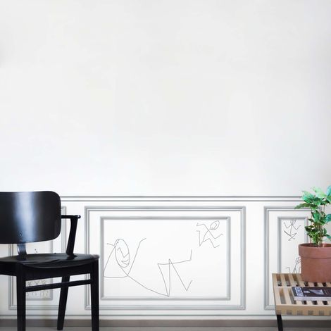 Papier peint bois trompe l'oeil, motif personnages rigolots, 75 cm X 200 cm, soubassement panoramique boiserie. (1/4)