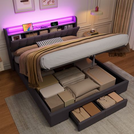 Letto imbottito 180 x 200 cm con spazio di archiviazione e cassetti per una facile conservazione, porte USB e luce ambientale (1/5)