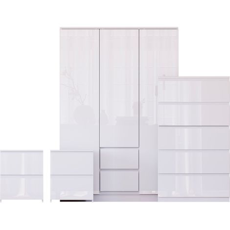 Glinton 4 Piece Bedroom Set (2 Drw Bedside x2, 5 Drw Chest, 3 Dr 2 Drw Wardrobe), White (100% FSC) (1/4)