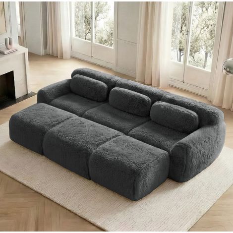 Divano modulare grigio in peluche con ottomane, configurabile e senza montaggio (1/5)