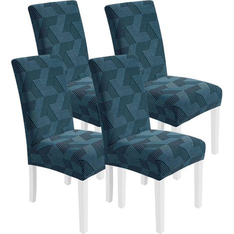 Housses de chaise extensibles 4 pièces, motif géométrique, bleu paon (1/5)