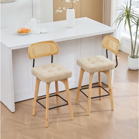Set de 2 taburetes de bar giratorios de chenilla y ratán, caqui, asiento de 67,5 cm (1/5)